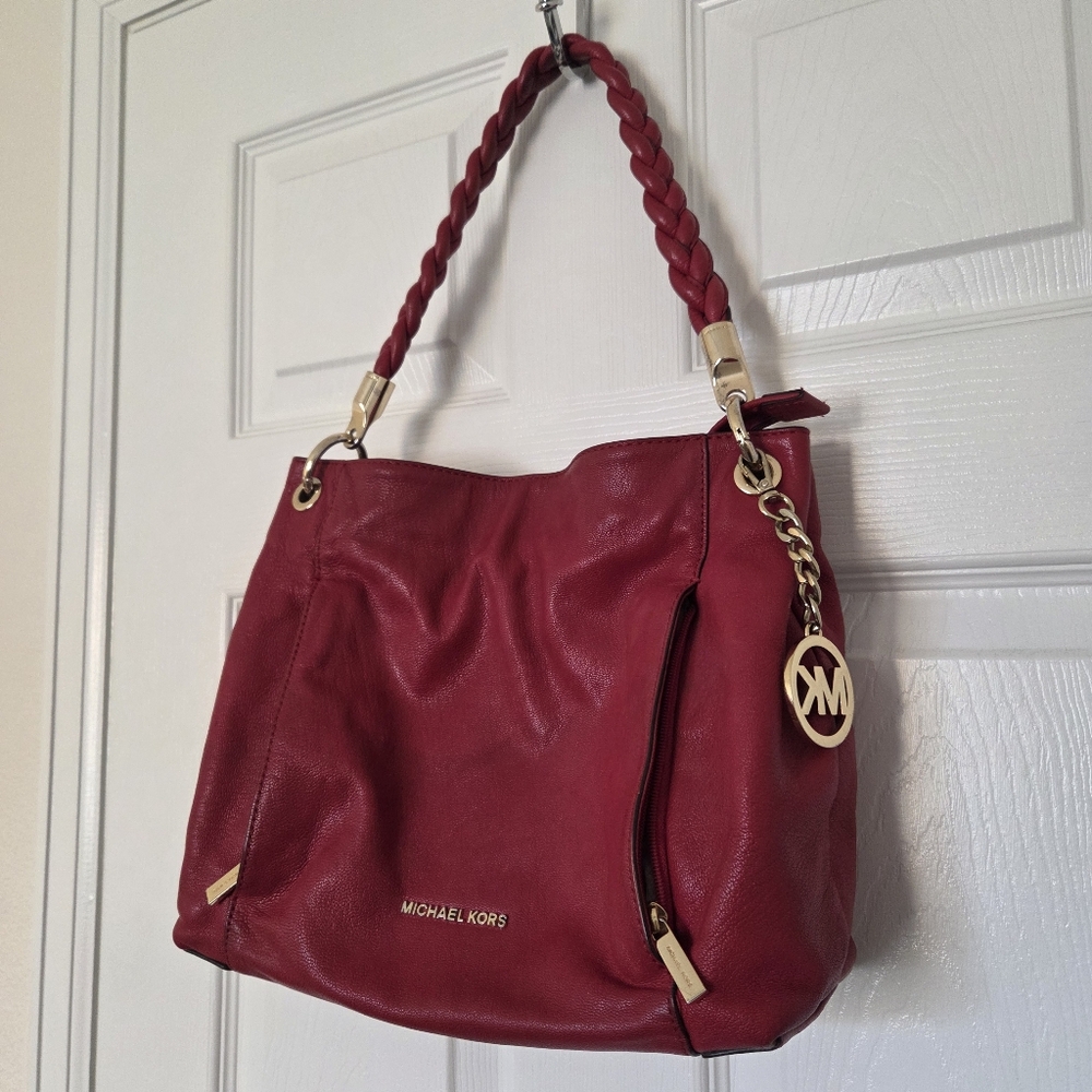 Michael Kors Red Pebbled Leather Braided Handle Shoulder Hobo Bag